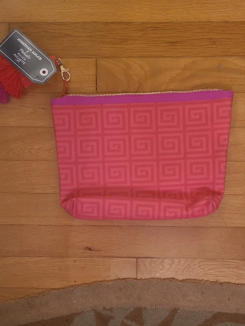 Jonathan Adler Coral-Pink Monogram Cosmetic Pouch with Tassel